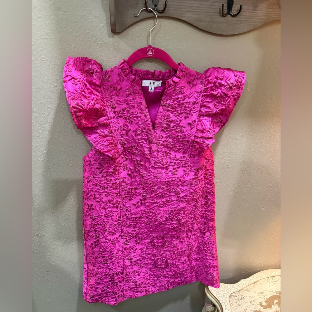 Pink Textured Ruffle Sleeve Dress